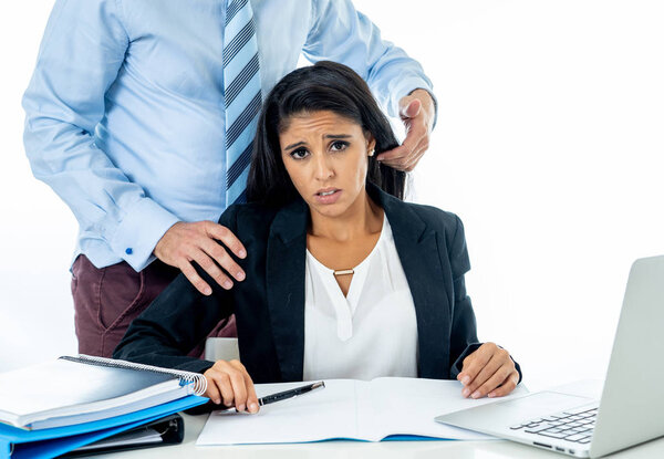 Uncomfortable scared woman being harass by her boss at office in Sexual harassment at work place, women rights, sexual abuse concept isolated in white background.
