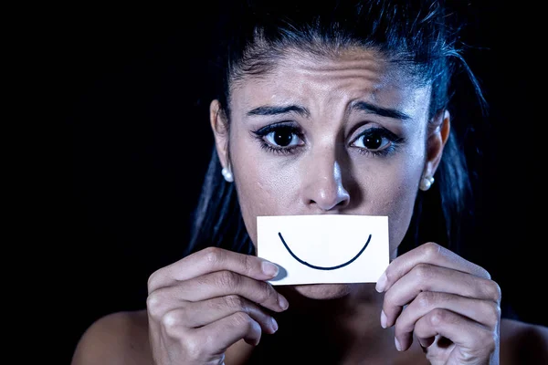 Dramatic Close Portrait Sad Woman Hiding Her Depression Smile Painted — Stock Photo, Image