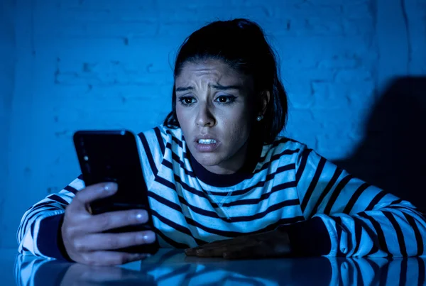 Frightened Teenager Young Woman Using Smart Mobile Cell Phone Internet — Stock Photo, Image