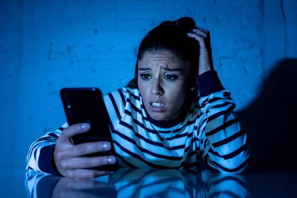 Frightened Teenager Young Woman Using Smart Mobile Cell Phone Internet — Stock Photo, Image