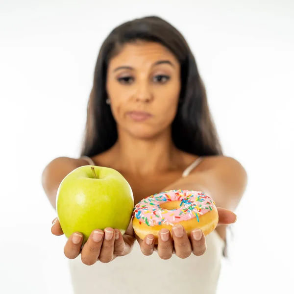 Beautiful Young Woman Tempted Having Make Choice Apple Doughnut Healthy Stock Image