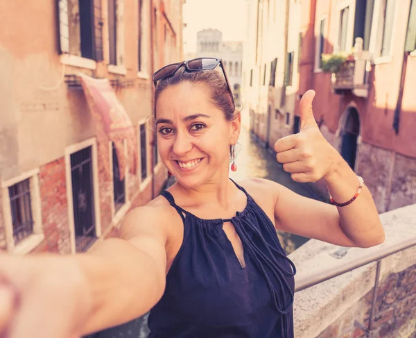 Young Attractive Latin Hispanic Tourist Taking Selfie Venice Canal Having — Stock Photo, Image