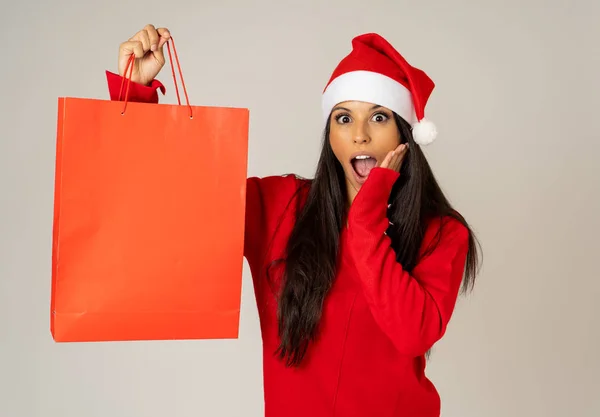 Fiatal Készen Áll Karácsony Könyv Bevásárló Táskák Piros Santa Claus — Stock Fotó