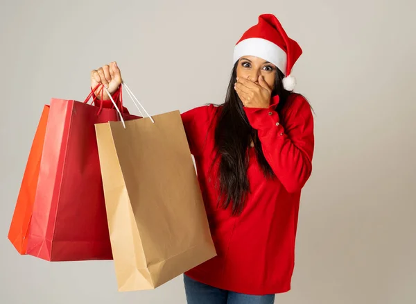 Fiatal Készen Áll Karácsony Könyv Bevásárló Táskák Piros Santa Claus — Stock Fotó