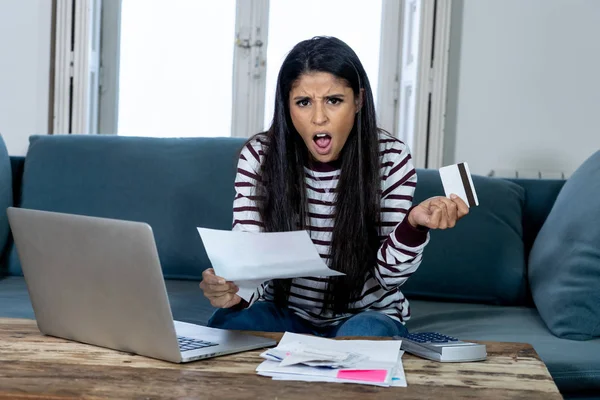 Worried Desperate Woman Calculating Bills Tax Expenses Counting Home Finances — Stock Photo, Image
