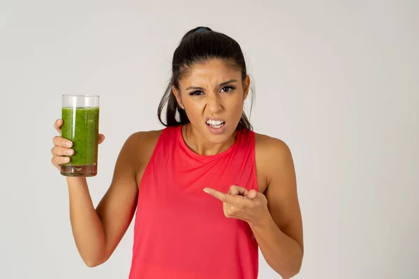 Attractive Dieting Girl Holding Detox Green Juice Angry Negative Face — Stock Photo, Image