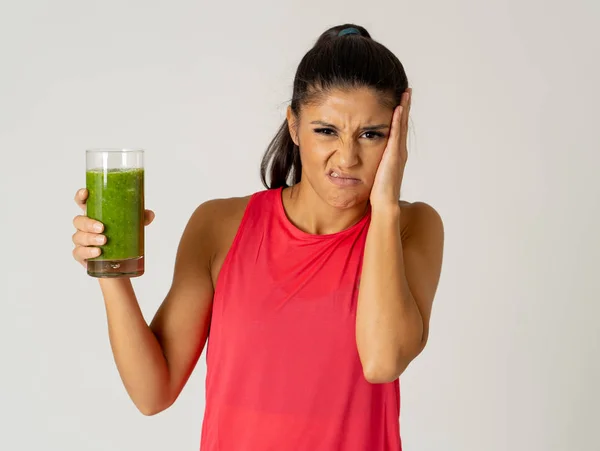 Attractive Dieting Girl Holding Detox Green Juice Angry Negative Face — Stock Photo, Image