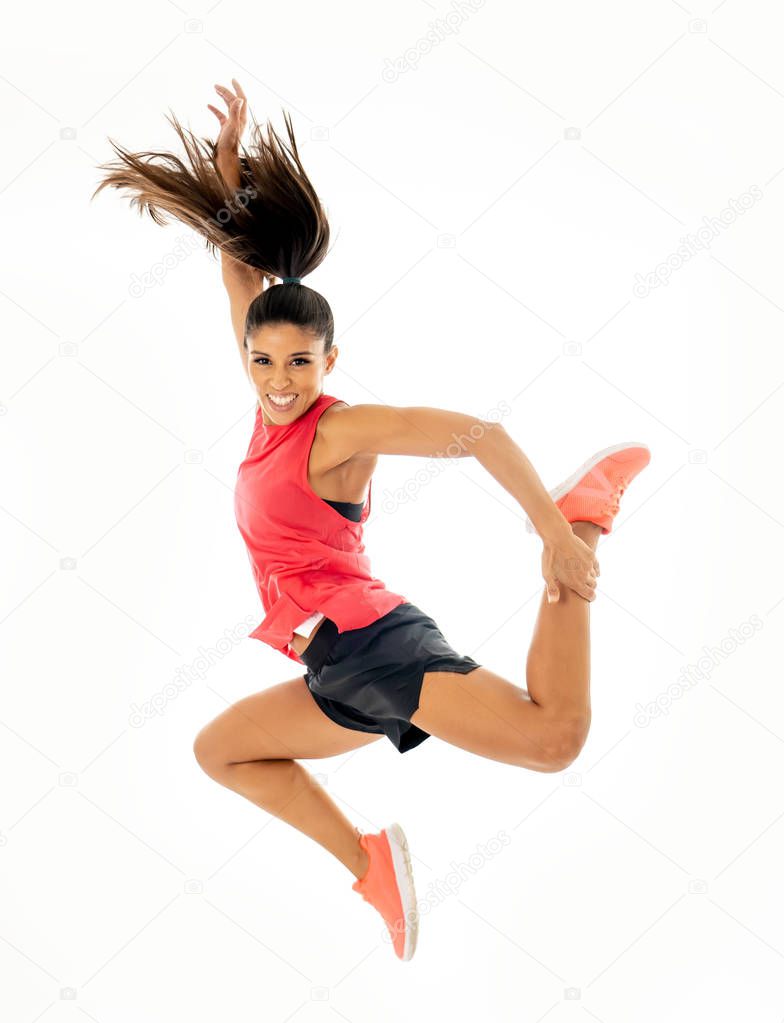 Portrait of full body sport woman jumping isolated on white background in Weight loss Happiness Fitness working out dancing Freedom Power Motion and people concept.