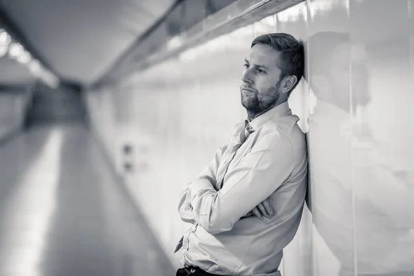 Young Jobless Business Man Suffering Depression Leaning Street Underground Wall — Stock Photo, Image