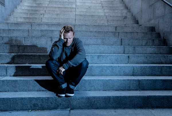 Young Desperate Jobless Man Casual Clothes Abandoned Lost Depression Sitting — Stock Photo, Image