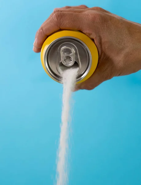 Hand Holding Soda Can Pouring Crazy Amount Sugar Metaphor Sugar — Stock Photo, Image