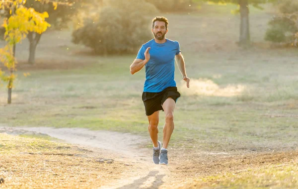 愉快的赛跑者在运动服奔跑训练马拉松在公园外面在日落在美丽的夏天天体育健康生活方式和慢跑越野训练锻炼户外概念 — 图库照片
