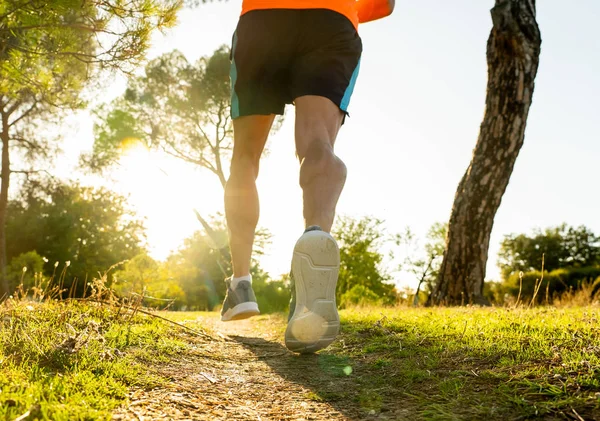 Back View Sport Man Ripped Athletic Muscular Legs Running Road — Stock Photo, Image