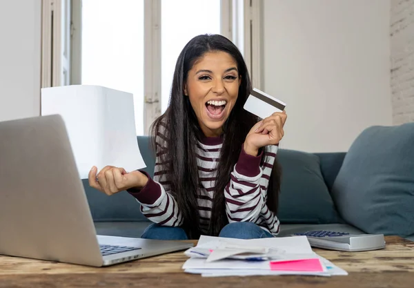 Cheerful Attractive Latin Woman Using Credit Card Calculator Laptop Paying — Stock Photo, Image