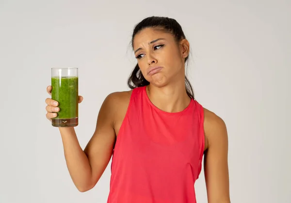 Attractive Dieting Girl Holding Detox Green Juice Angry Negative Face — Stock Photo, Image