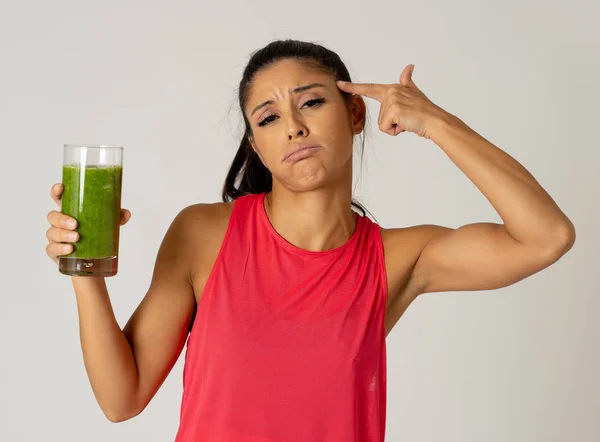 Attractive Dieting Girl Holding Detox Green Juice Angry Negative Face — Stock Photo, Image