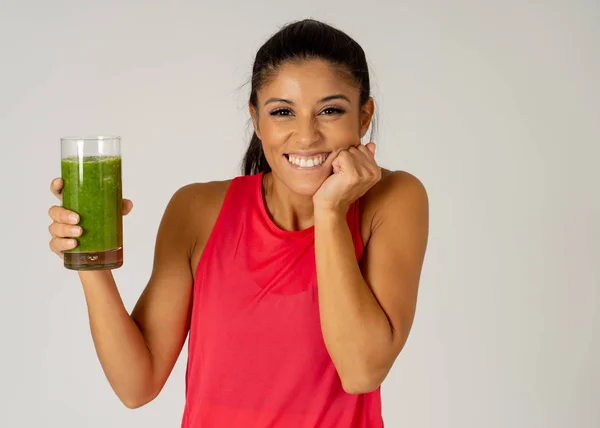 Fitness Woman Happy Smiling Holding Glass Green Vegetable Smoothie Fitness — Stock Photo, Image