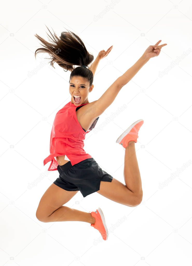 Portrait of full body sport woman jumping isolated on white background in Weight loss Happiness Fitness working out dancing Freedom Power Motion and people concept.