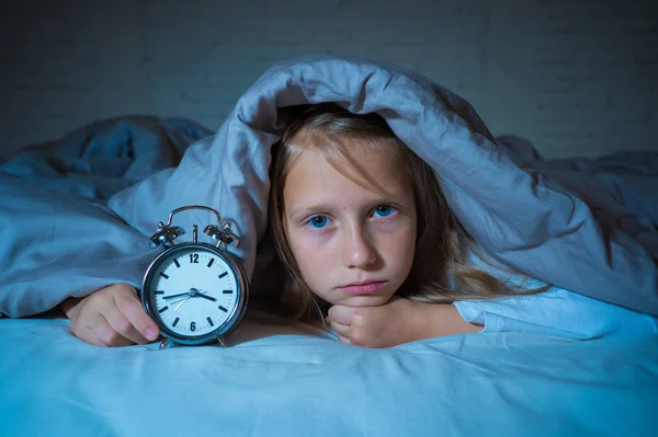 Cute Sleepless Little Girl Bed Awake Middle Night Looking Tired — Stock Photo, Image