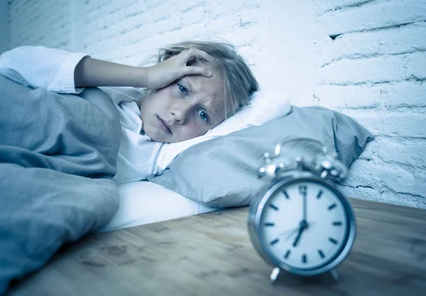 Sweet Sleepless Little Girl Lying Sad Bed Looking Alarm Clock — Stock Photo, Image
