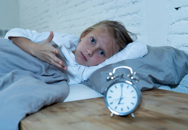 Sweet Sleepless Little Girl Lying Sad Bed Looking Alarm Clock — Stock Photo, Image