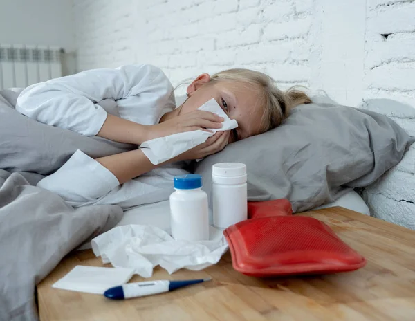 Sweet Sick Cute Girl Feeling Sick Bed Medicines Thermometer Hot — Stok Foto