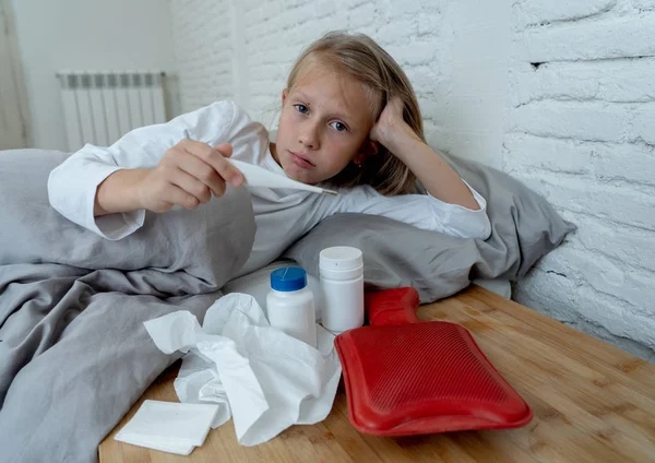 Sweet Sick Cute Girl Feeling Sick Lying Bed Medicines Thermometer — Stock Photo, Image