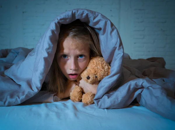 Cute Asleep Girl Screaming Crying Frightening Upsetting Dream Covering Herself — Stock Photo, Image