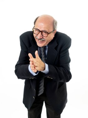 Tam vücut çalışma ve beyaz arka plan üzerinde izole gelecekteki emeklilik yaşam tarzı son günü itibariyle mutluluk içinde ellerini ovuşturarak neşeli memnun üst düzey işadamı portresi.