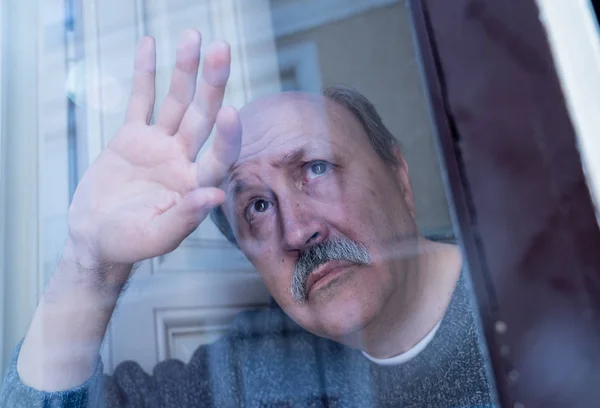 Senior Man His 60S Feeling Desperate Sad Looking Throughout Balcony — Stock Photo, Image
