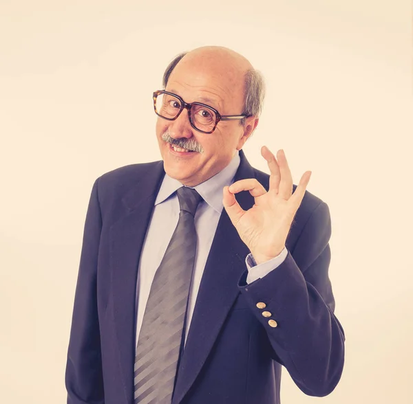 Full Body Portrait Cheerful Delighted Senior Businessman Rubbing His Hands — Stock Photo, Image