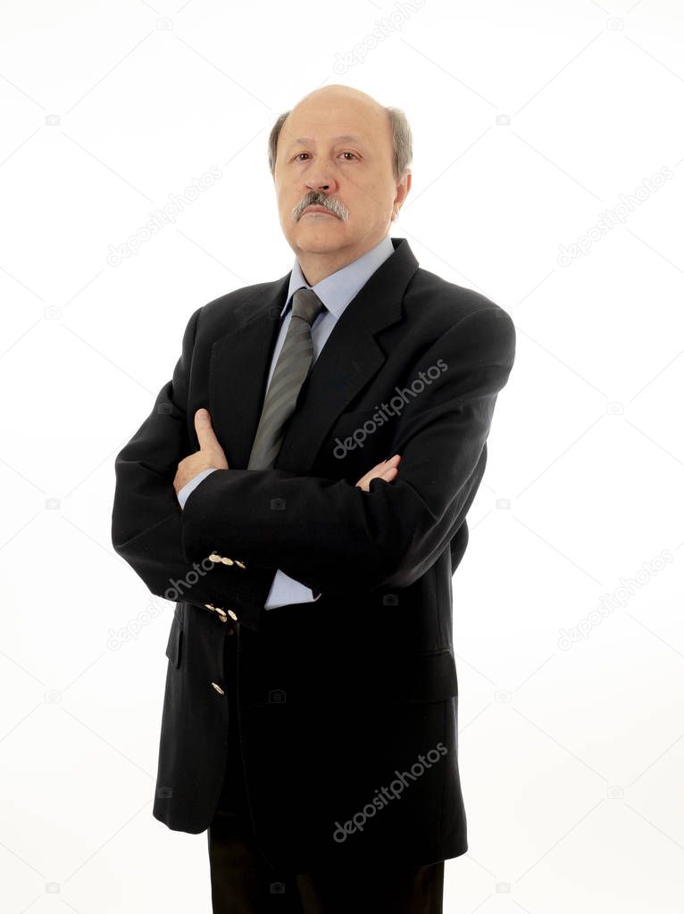Full length portrait of elegant and successful old businessman or boss in his 60s standing confident isolated on white background in Work and career success concept.