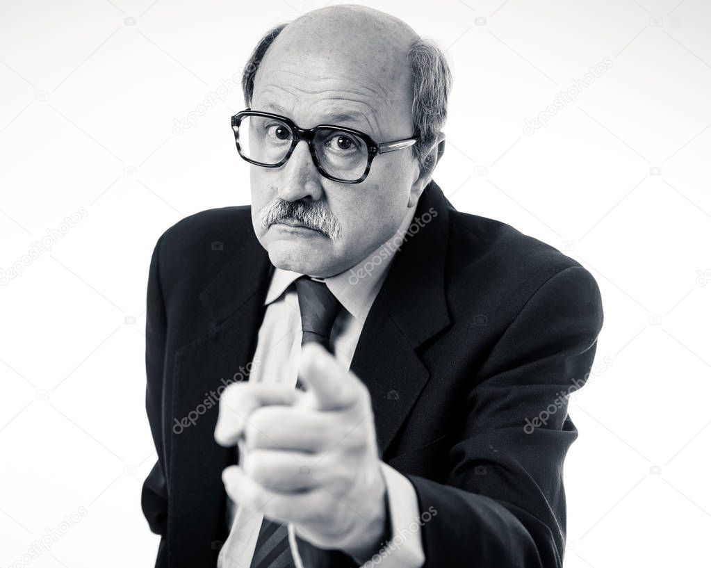 60s senior businessman boss furious with angry face and gesturing upset and mad in Managing and Stress Problems at Work bully boss and human emotions isolated on white background.