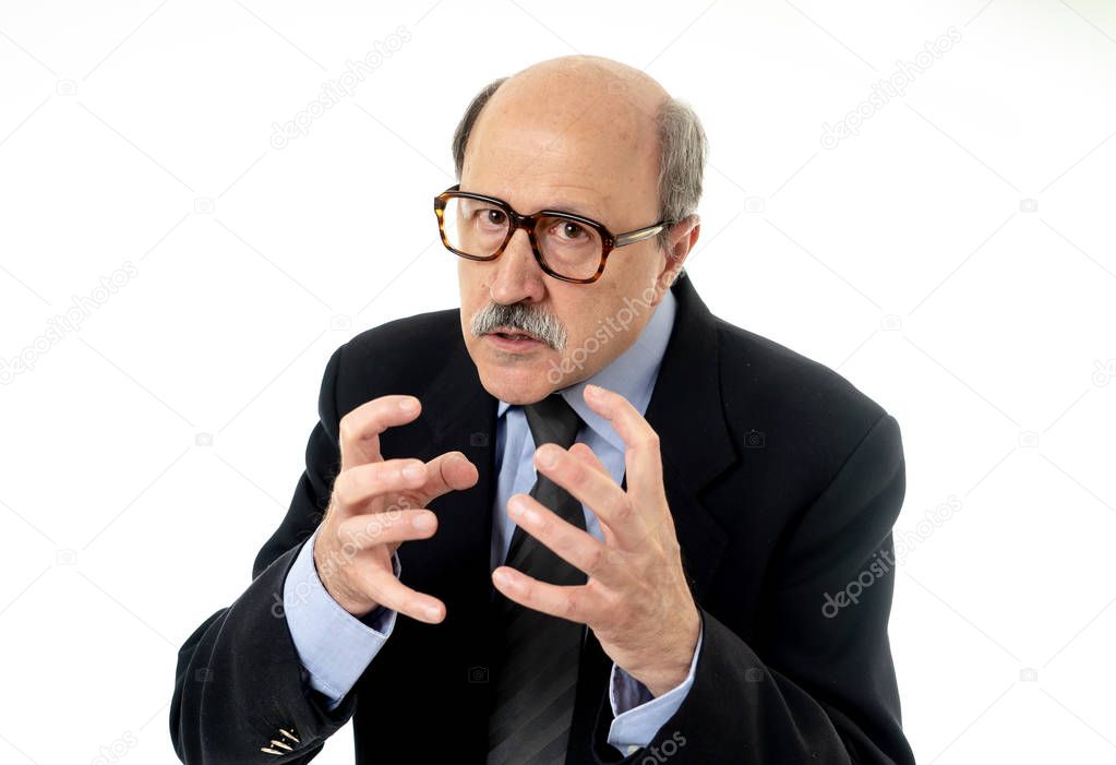 60s senior businessman boss furious with angry face and gesturing upset and mad in Managing and Stress Problems at Work bully boss and human emotions isolated on white background.