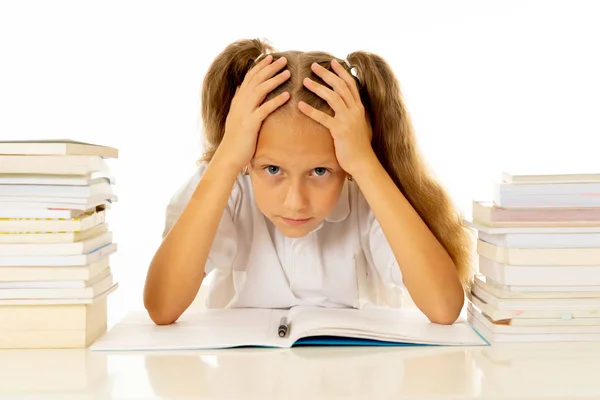 Frustrated Little Schoolgirl Feeling Failure Unable Concentrate Reading Writing Difficulties — Stock Photo, Image
