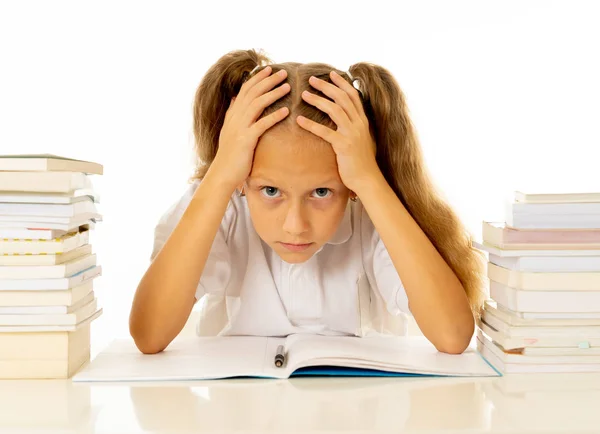 Sad Tired Cute Schoolgirl Blond Hair Sitting Stress Doing Homework — Stock Photo, Image