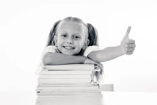 Happy Beautiful Cute Blond Hair Little Schoolgirl Likes Studying Reading — Stock Photo, Image