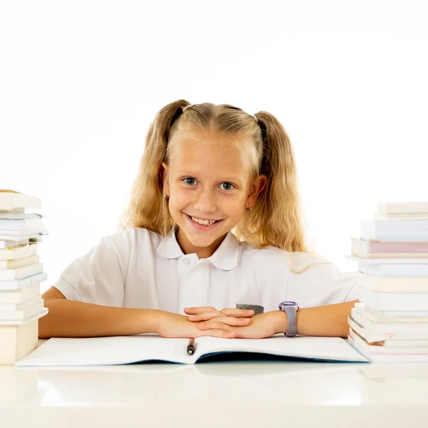 Happy Beautiful Cute Blond Hair Little Schoolgirl Likes Studying Reading — Stock Photo, Image