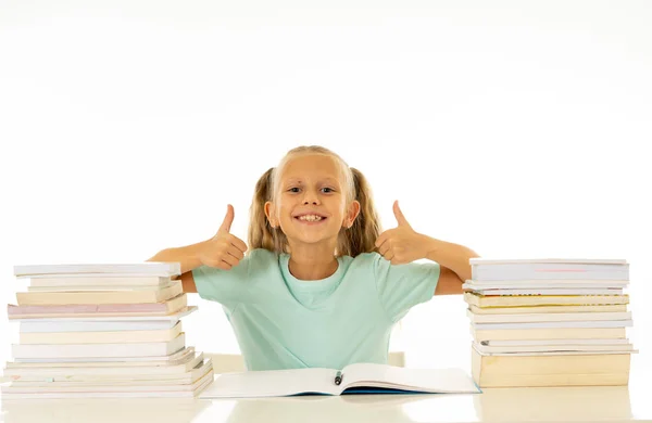 Happy Beautiful Cute Blond Hair Little Schoolgirl Likes Studying Reading — Stock Photo, Image