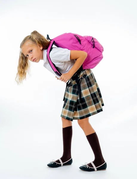 Jovem Cansado Triste Bonito Menina Escola Com Uma Grande Bolsa — Fotografia de Stock