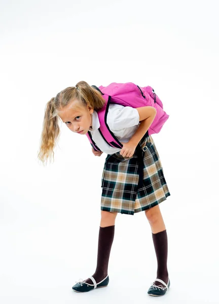 Jovem Cansado Triste Bonito Menina Escola Com Uma Grande Bolsa — Fotografia de Stock