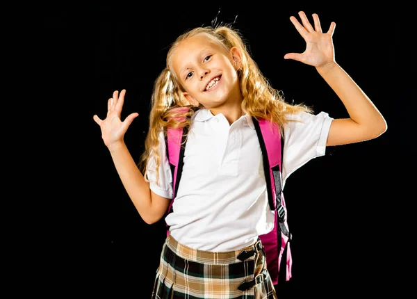 Schattige Mooie Kleine Schoolmeisje Met Grote Roze Schooltasje Opgewonden Blij — Stockfoto