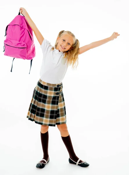 Schattige Mooie Kleine Schoolmeisje Met Grote Roze Schooltasje Gevoel Opgewonden — Stockfoto