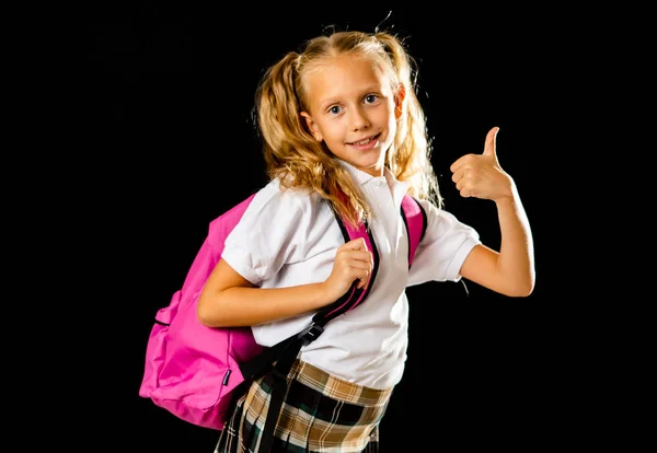 Pretty Cute Blonde Hair Girl Pink Schoolbag Looking Camera Showing — Stock Photo, Image