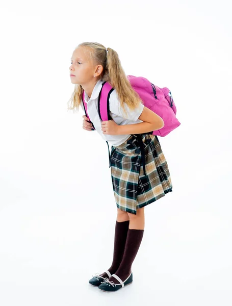 重い大きなピンクのリュックやランドセル完全肥満学校教育コンセプトで白い背景に分離されたためにストレスや痛みの原因を運ぶ制服を着たかわいい女の子 — ストック写真