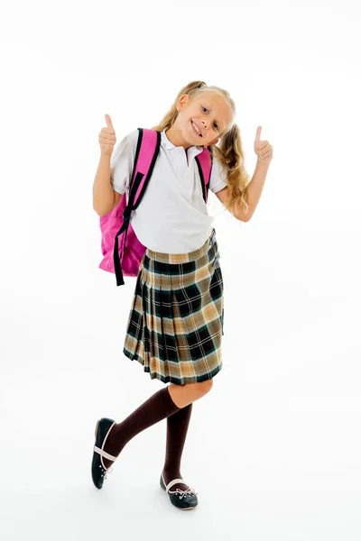 Pretty Cute Blonde Hair Girl Pink Schoolbag Looking Camera Showing — Stock Photo, Image