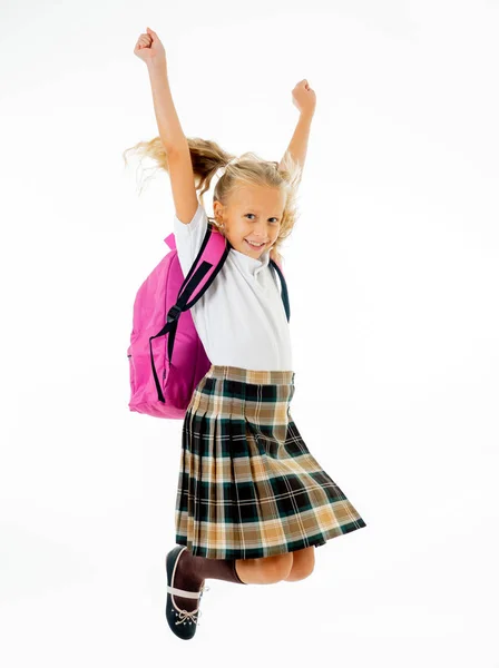 Adorable Hermosa Colegiala Con Gran Bolsa Escuela Rosa Sentirse Emocionado —  Fotos de Stock