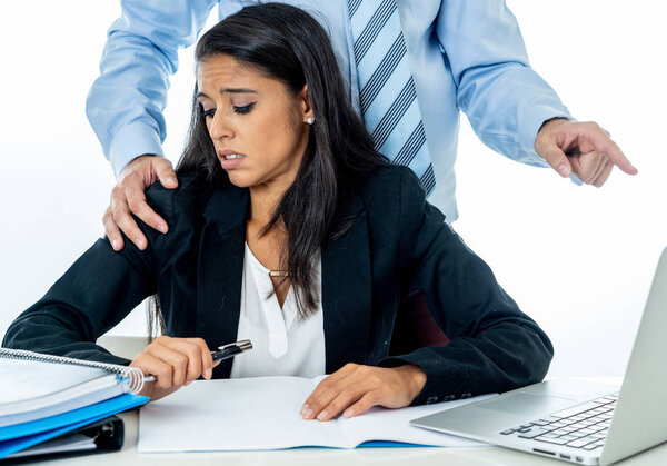 Uncomfortable scared woman being harass by her boss at office in Sexual harassment at work place, women rights, sexual abuse concept isolated in white background.
