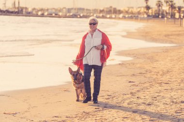 Güzel emekli yaşlı kadın ve plaj arkadaşlık faydaları hayvanların koruma aktif emeklilik yaşam tarzı ve köpek dostu Turizm kıyı deniz okyanus yürürken Alman shepard köpeği.