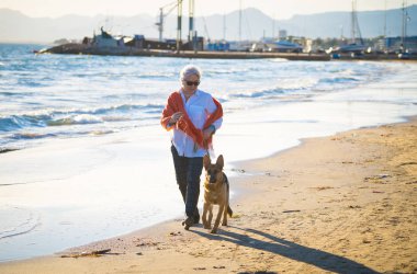 Güzel emekli yaşlı kadın ve plaj arkadaşlık faydaları hayvanların koruma aktif emeklilik yaşam tarzı ve köpek dostu Turizm kıyı deniz okyanus yürürken Alman shepard köpeği.